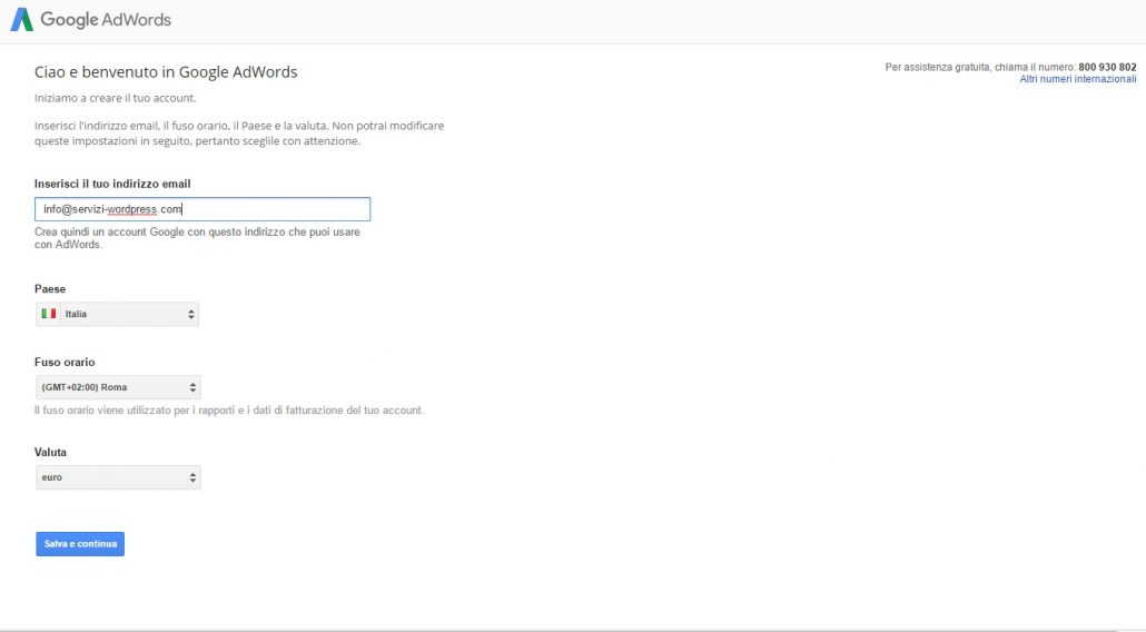 adwords inserire email