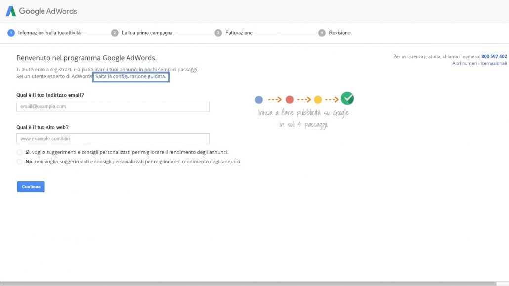adwords salta configurazione guidata