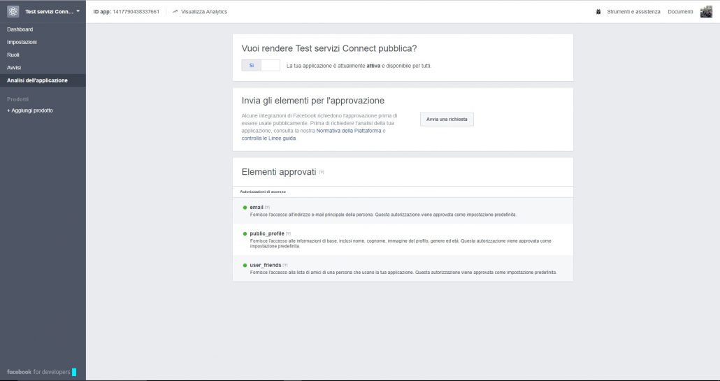 Aggiungi attiva app facebook