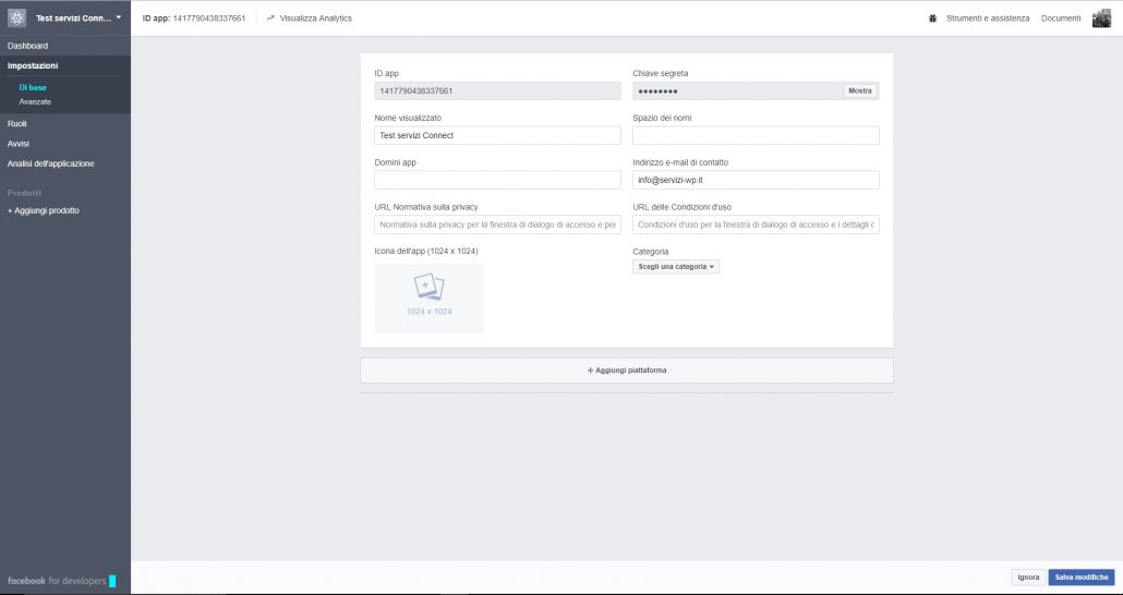 Aggiungi piattaforma app facebook