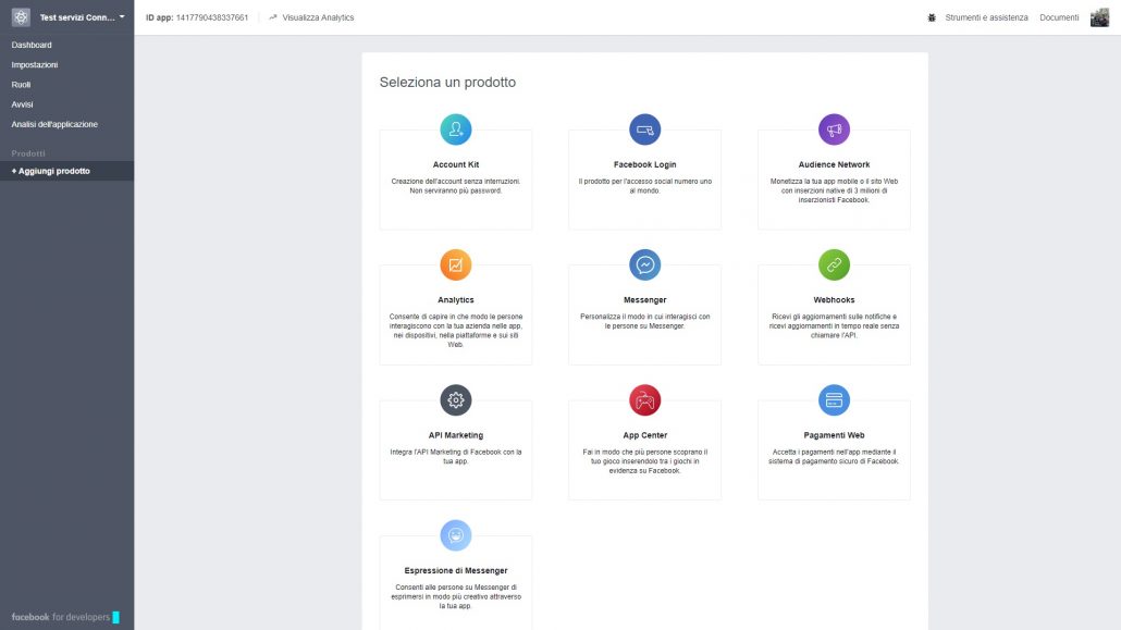 Aggiungi prodotto app facebook