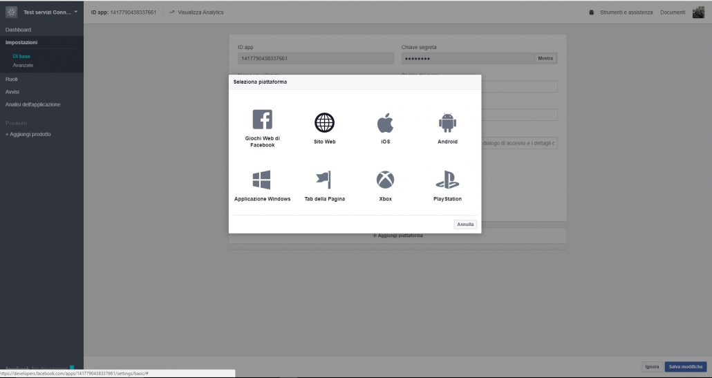 Aggiungi sito web app facebook