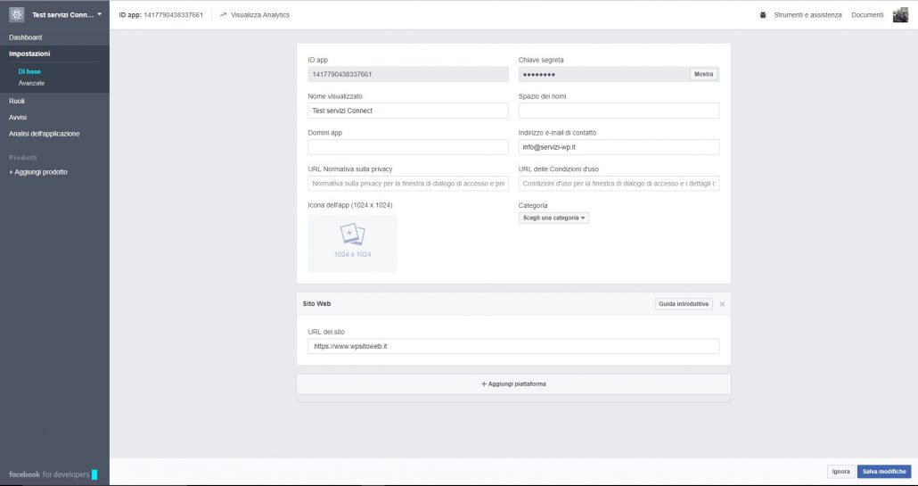 Aggiungi url app facebook