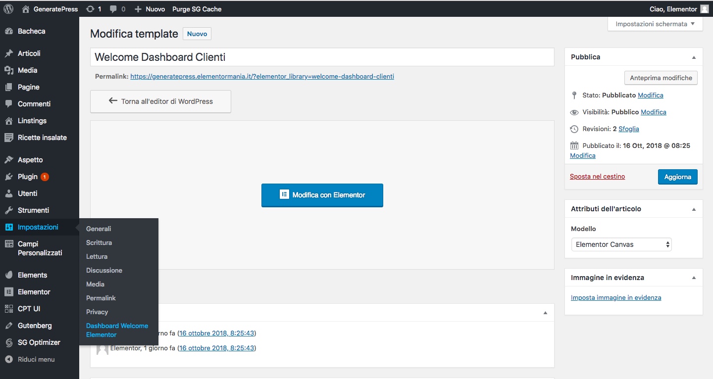 dashboard welcome elementor link